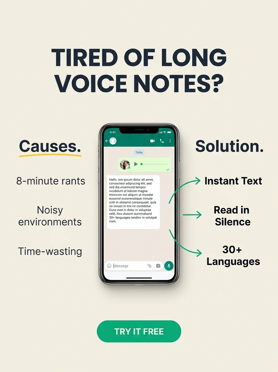 Tired of long voice notes? Transcribe Bot turns WhatsApp voice messages into instant text.